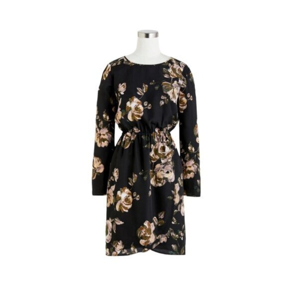 J. Crew Womens Tulip Hem Crew Neck Black Floral Long Sleeve Midi Dress Sz 4 NEW